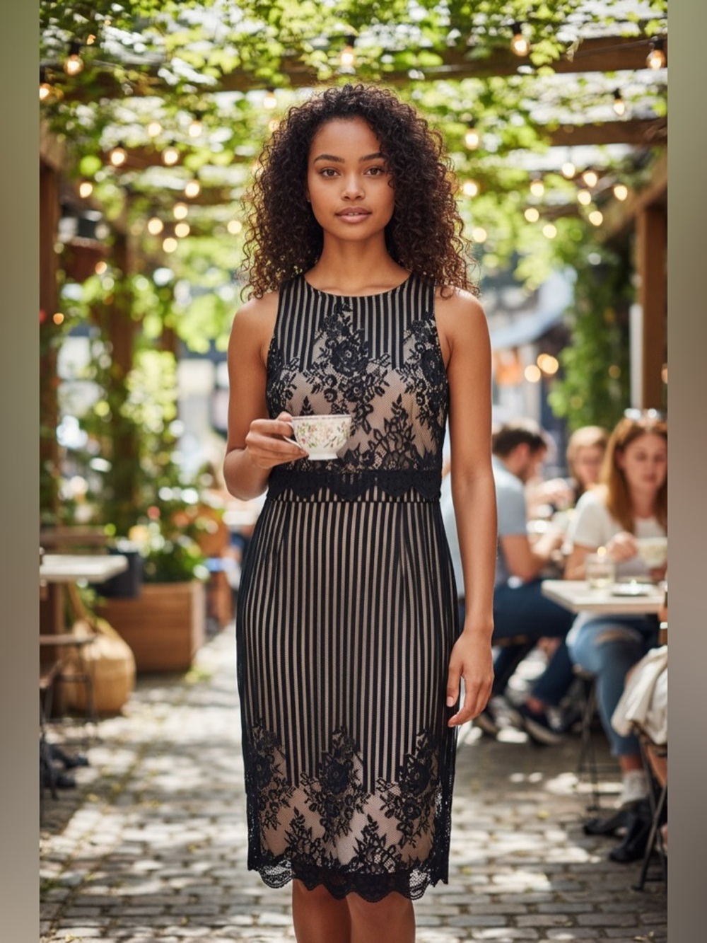 ASOS Black and Cream Striped Lace Midi Dress